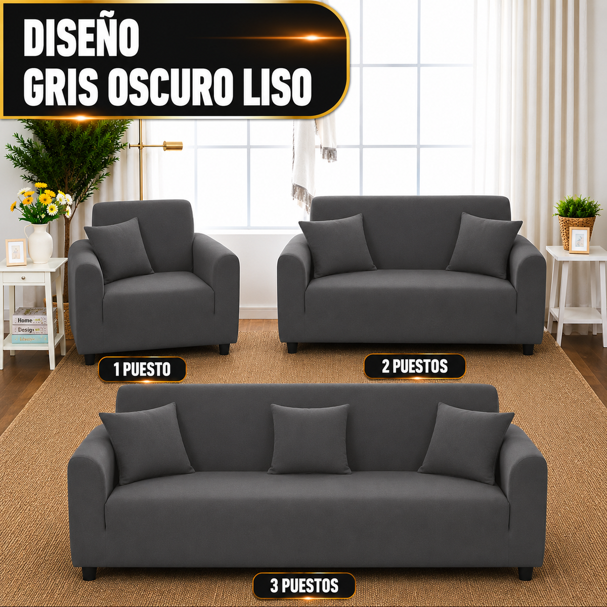 Diseño: Gris Oscuro / Liso Tamaño: 3 Puestos