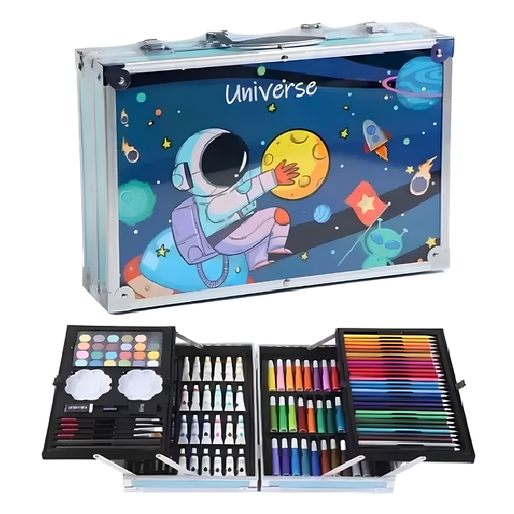 Todo viene organizado en un práctico estuche rígido con diseño de unicornio azul, perfecto para mantener los materiales ordenados y llevarlos fácilmente a casa, al colegio o donde quieras crear.