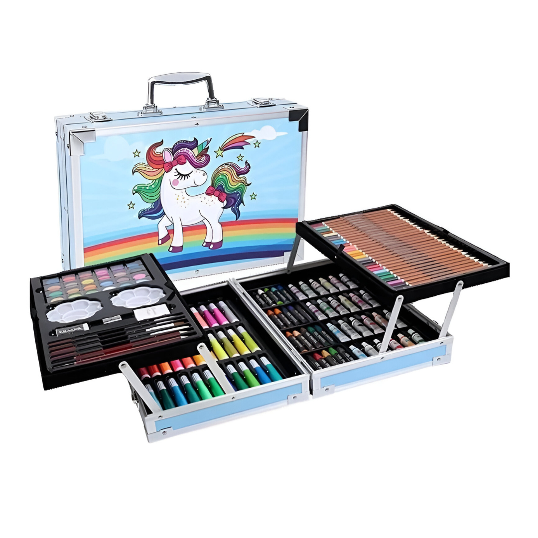 🎨 Todo lo necesario para crear

El set incluye una amplia variedad de materiales como:

🖍️ Crayones
🖊️ Marcadores
✏️ Lápices de colores
🎨 Acuarelas
🖌️ Pinceles
📚 Diferentes accesorios para dibujo y pintura