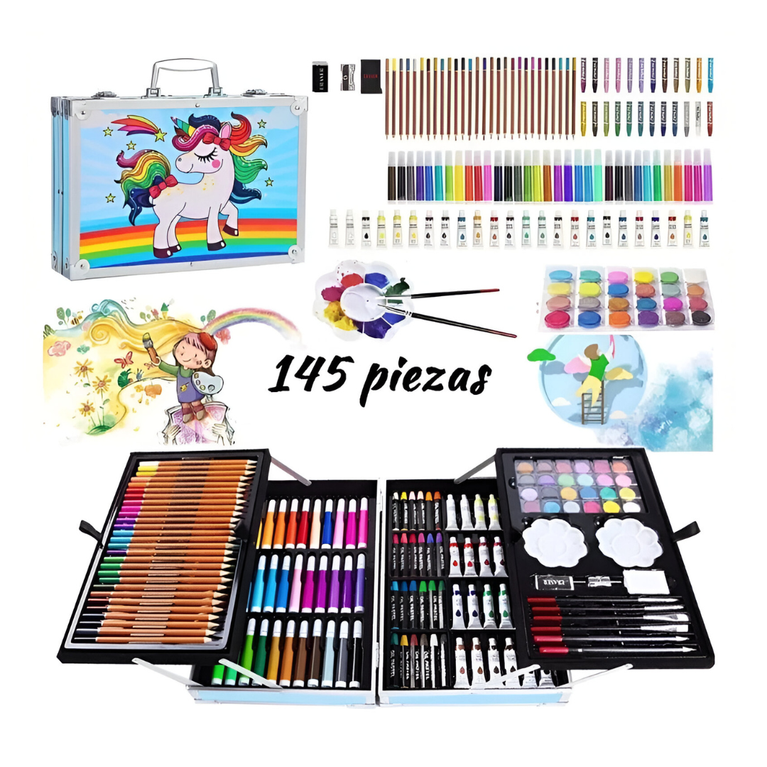 🦄 ¿Por qué les encantará?

✔️ 145 piezas: variedad de materiales para explorar diferentes técnicas.
✔️ Diseño de unicornio: un estuche llamativo y divertido.
✔️ Todo en un solo lugar: materiales organizados y fáciles de encontrar.
✔️ Fácil de transportar: llévalo a casa, al colegio o de viaje.
✔️ Estimula la creatividad: ideal para desarrollar la imaginación y la expresión artística.
✔️ Para diferentes edades: una excelente opción para niños, jóvenes y aficionados al dibujo.
✔️ Excelente regalo: perfecto p